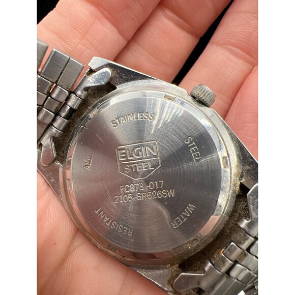 Elgin Mens Stainless Steel & Gold-Tone Watch FC873-017 Quartz Day-Date Black Dia - Picture 6 of 7